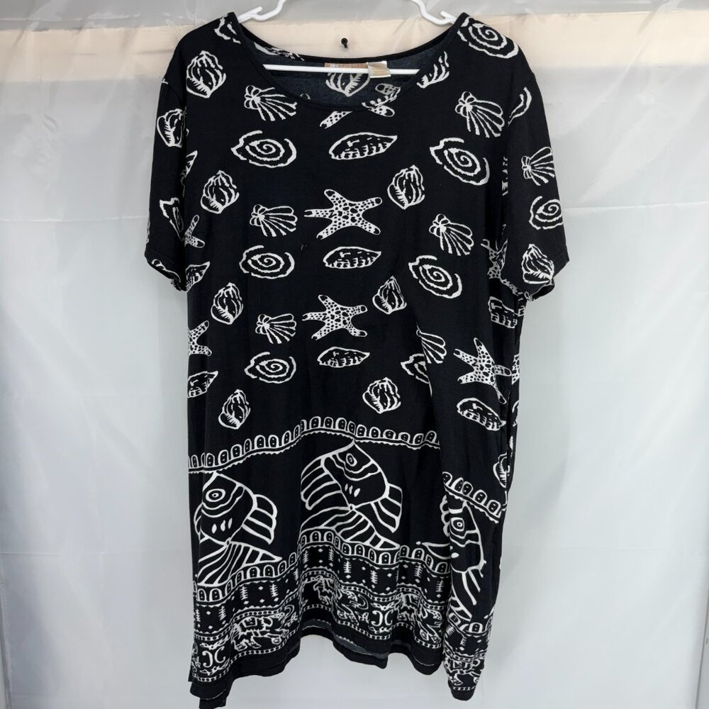 La Cera Women XL Mini Dress Tropical Beach Vacation Black Fish Short Sleeve